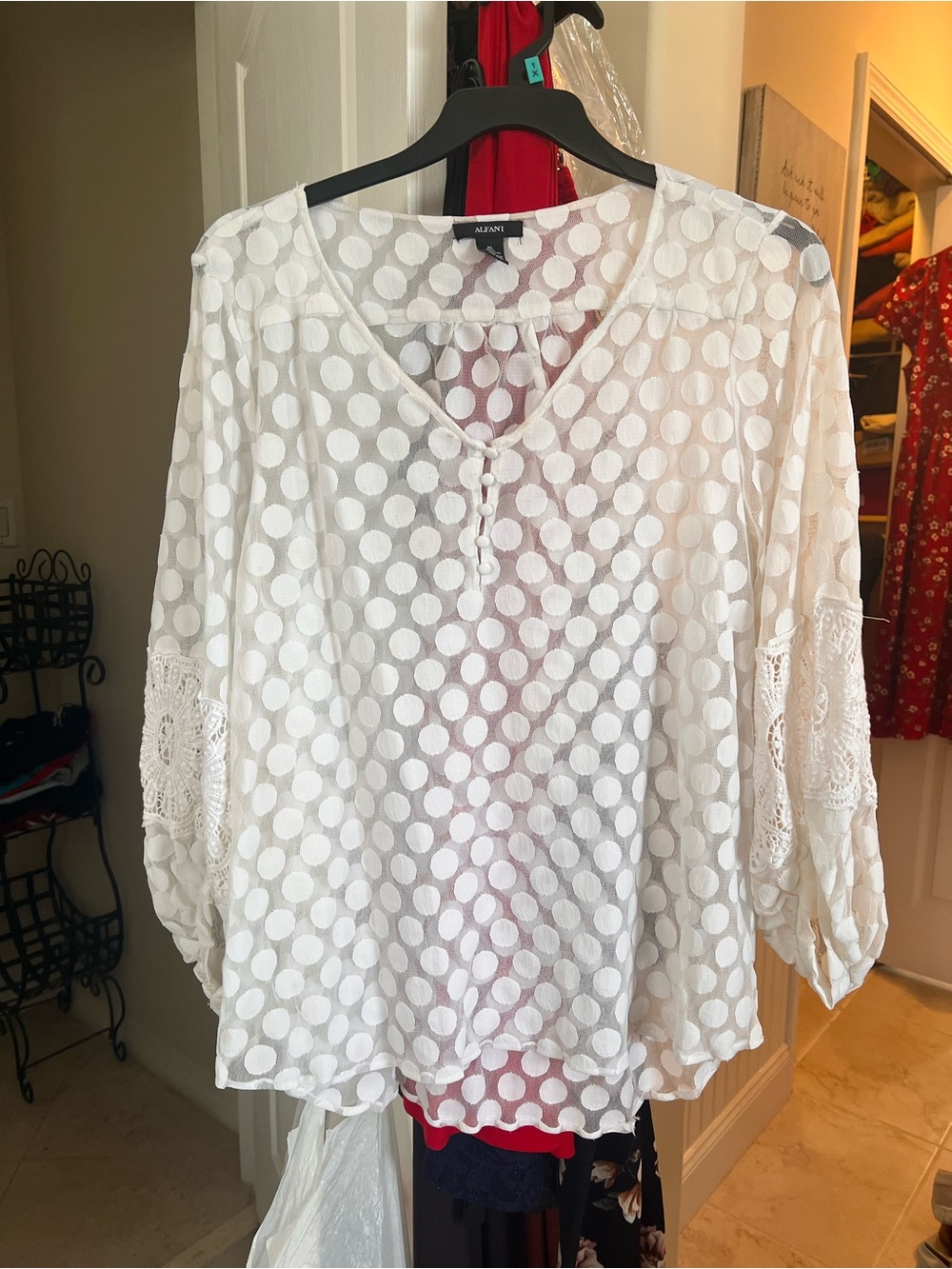 Alfani White Polka-Dot Sheer Tunic Blouse
